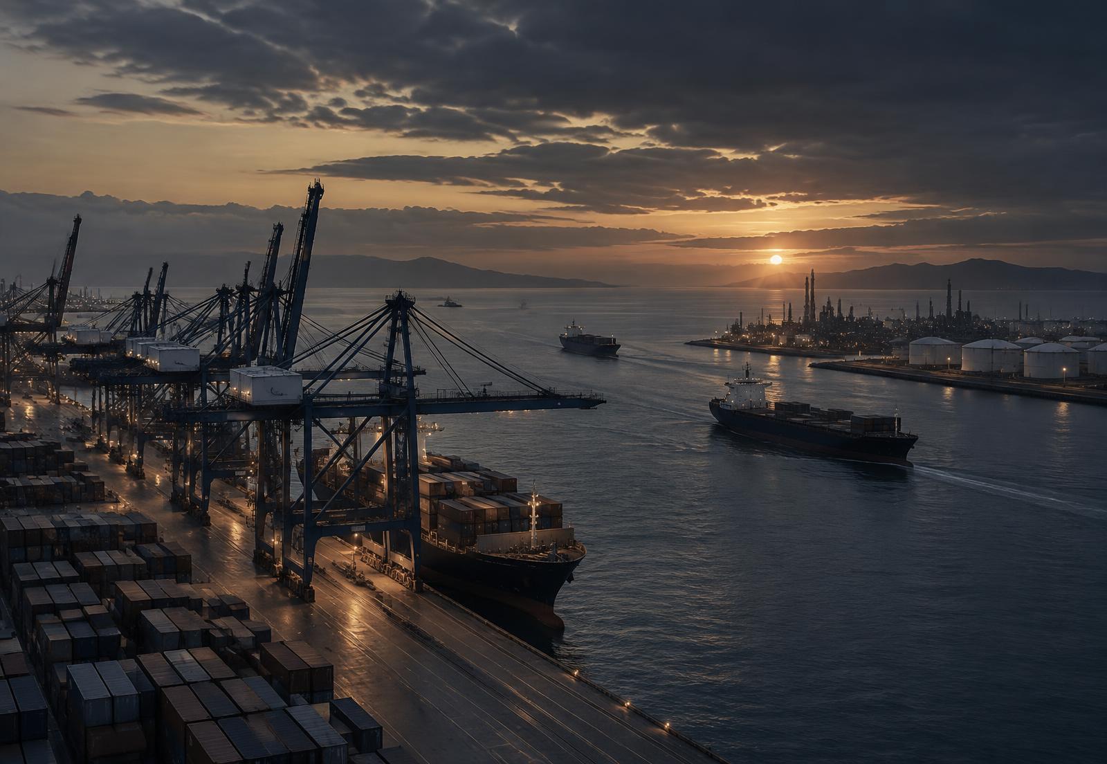 International port and maritime energy infrastructure at dusk